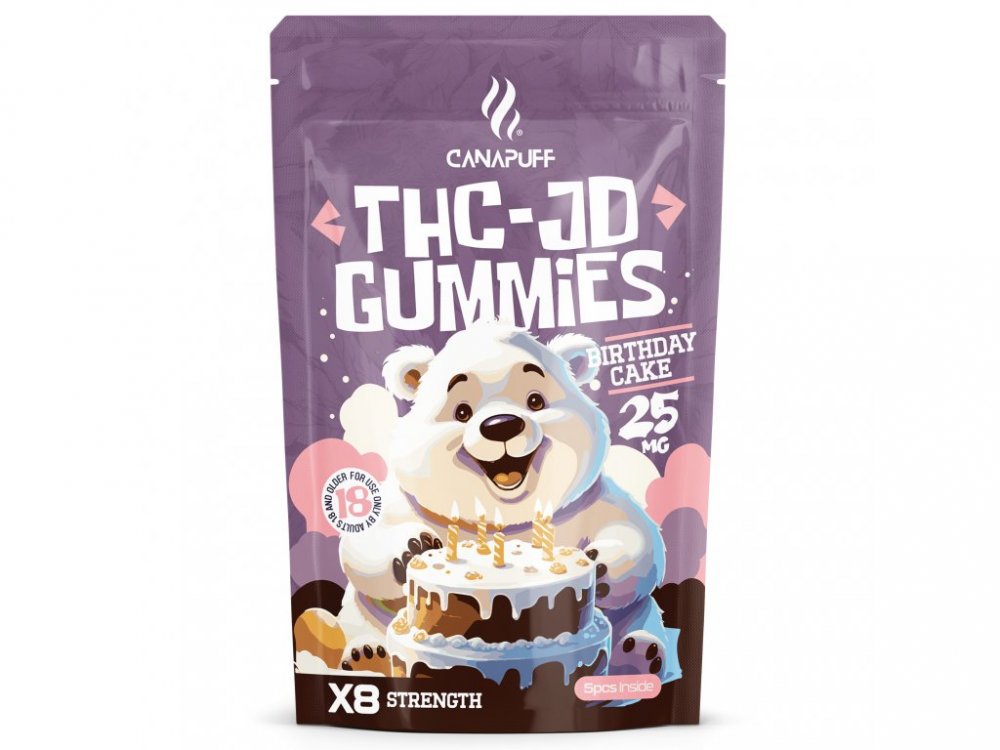 CanaPuff THCJD Gummies-verjaardagstaart, 5 stuks x 25 mg THCJD, 125 mg