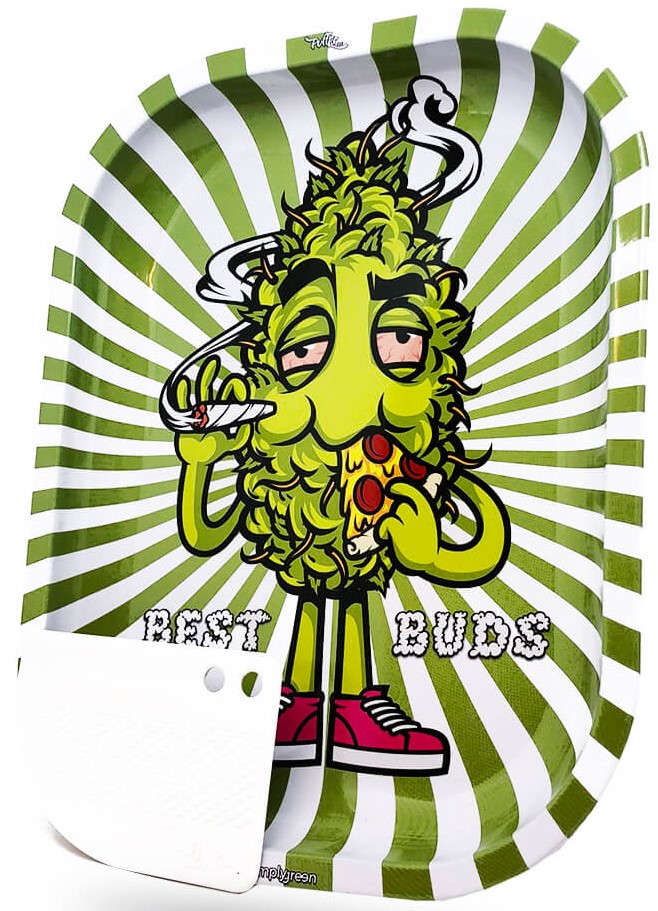 Best Buds Malá kovová rolovacia tácka Hladná pizza s magnetickým mlynčekom
