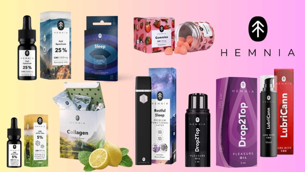 Hemnia products like oil, collagen, patches, gummies, vape, lube gel and intimate oil