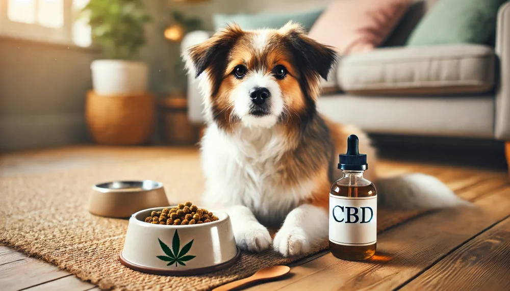 Pes vedle kterého je miska s jídlem a CBD lahvička.