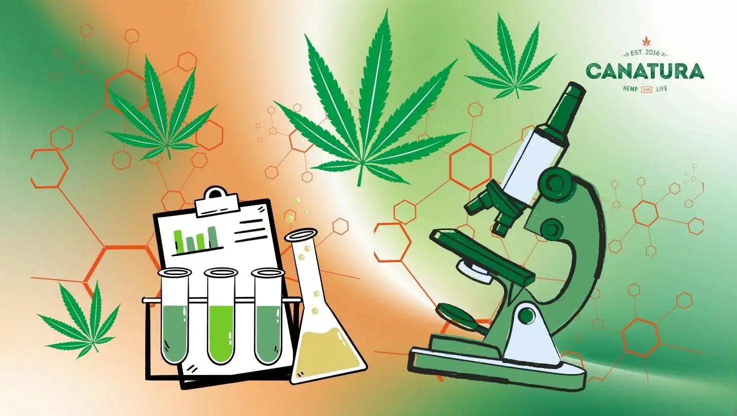 Illustrative graphic showing that THCX is produced in a laboratory – laboratory equipment, test tubes, microscope and cannabis leaves in the background with chemical structures, Canatura logo in the top right corner