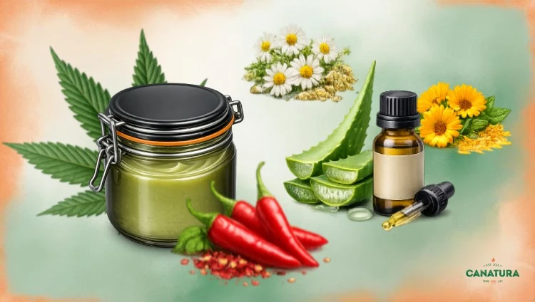 You can customize the salve by adding other ingredients: left: cannabis salve in airtight jar, cannabis leaf in background, right: ingredients: chili, aloe, essential oil, chamomile, calendula, bottom right: Canatura logo.