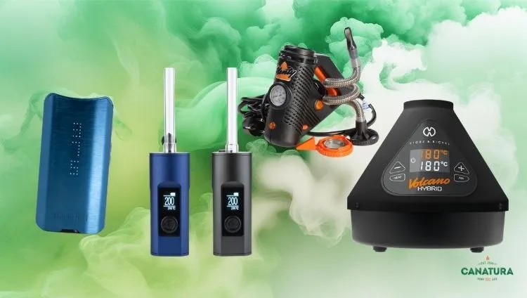 The best vaporizers tested – DaVinci IQC with Clean First technology, Arizer Solo 2, Storz & Bickel Plenty, and Volcano Hybrid; the Canatura logo is shown at the bottom right
