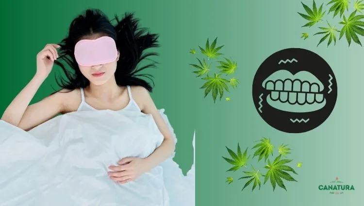 Skřípání zubů ve spánku (bruxismus) – žena v posteli s maskou na spaní, listy konopí, dole vpravo logo Canatura