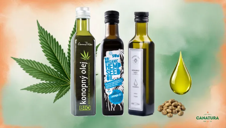A selection of hemp oils in bottles with a hemp leaf, oil drop and hemp seeds.