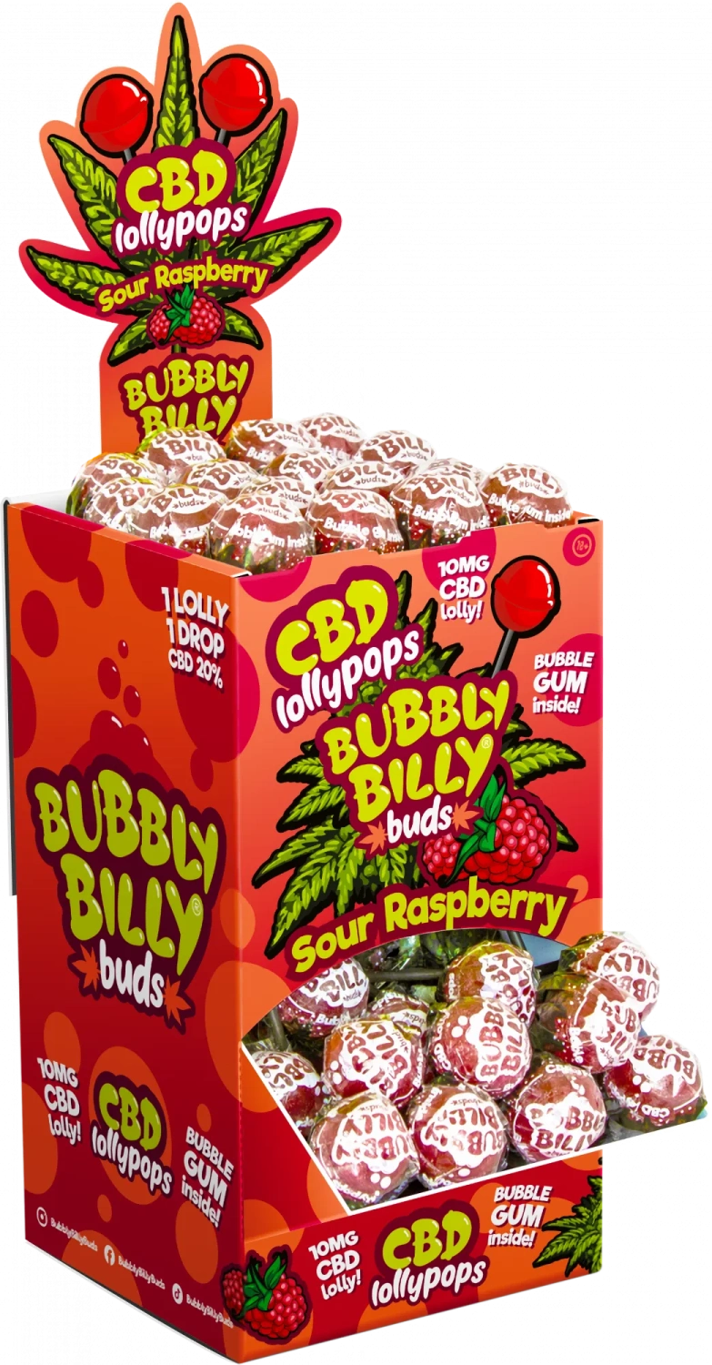 Bubbly Billy Buds 10 mg CBD Lízátka Kyselá malina se žvýkačkou uvnitř - Display Box (100 Lízátek), 1800 g