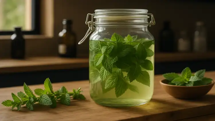 Homemade herbal infusion made from fresh mint in a preserving jar on a wooden table.