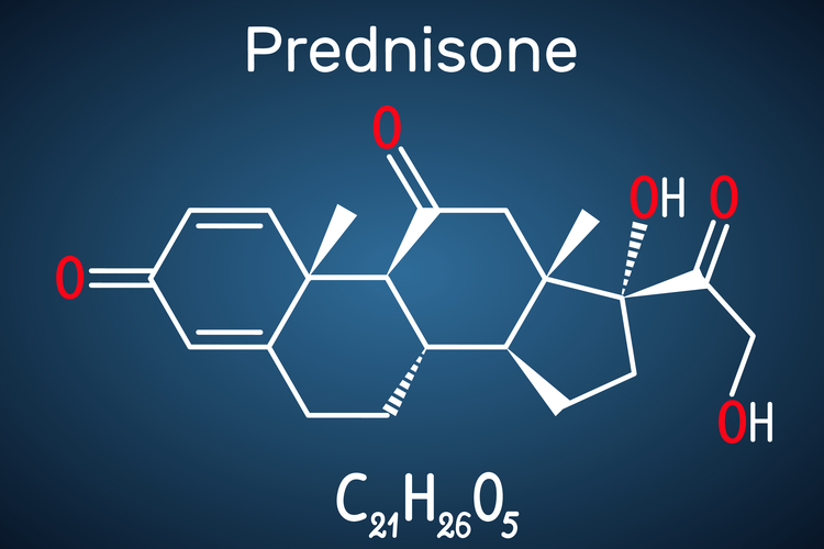 Chemical formula of Prednisone on a blue background