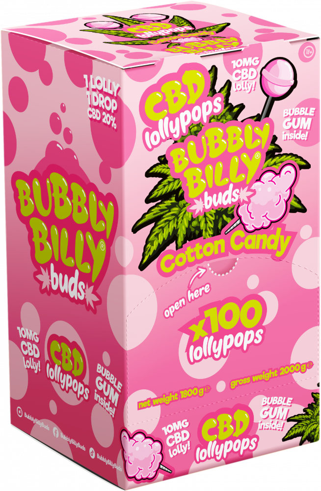 Bubbly Billy Púčiky 10 mg CBD cukrová vata s žuvačkou vo vnútri – obal (100 lízaniek), 1800 g