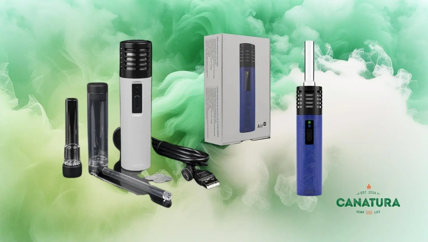 Arizer Air SE portable vaporizer set in white and blue – device, accessories, glass mouthpieces, USB cable and original packaging, Canatura logo at the bottom right