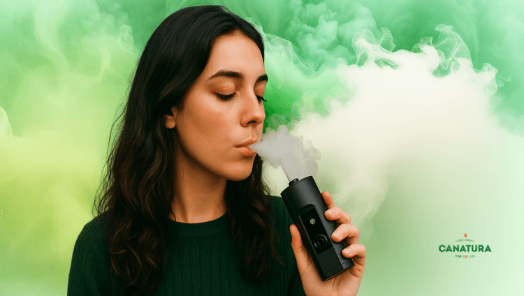 Woman using Arizer Solo II Max vaporizer in Carbon Black, vapor during vaporization, Canatura