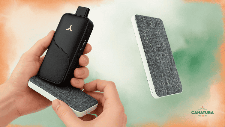 Man charging the AirVape Legacy vaporizer with an AirVape Apollo power bank, Canatura logo in the bottom right corner