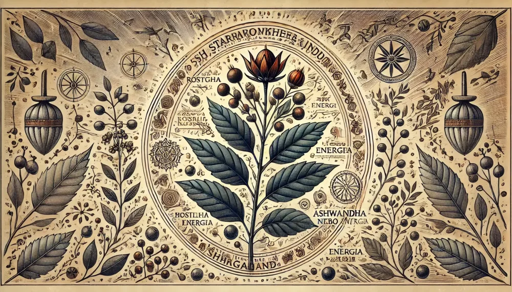 On a beige background there is a drawing of the Ashwaganda plant in the middle and around it drawings of e.g. berries and leaves.