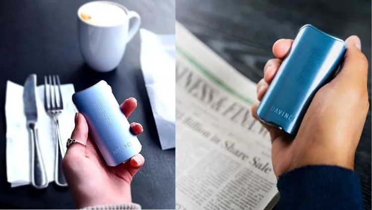 vlevo ženská ruka drží DaVinci IQ, vpravo mužská ruka drží DaVinci IQ2 vaporizér