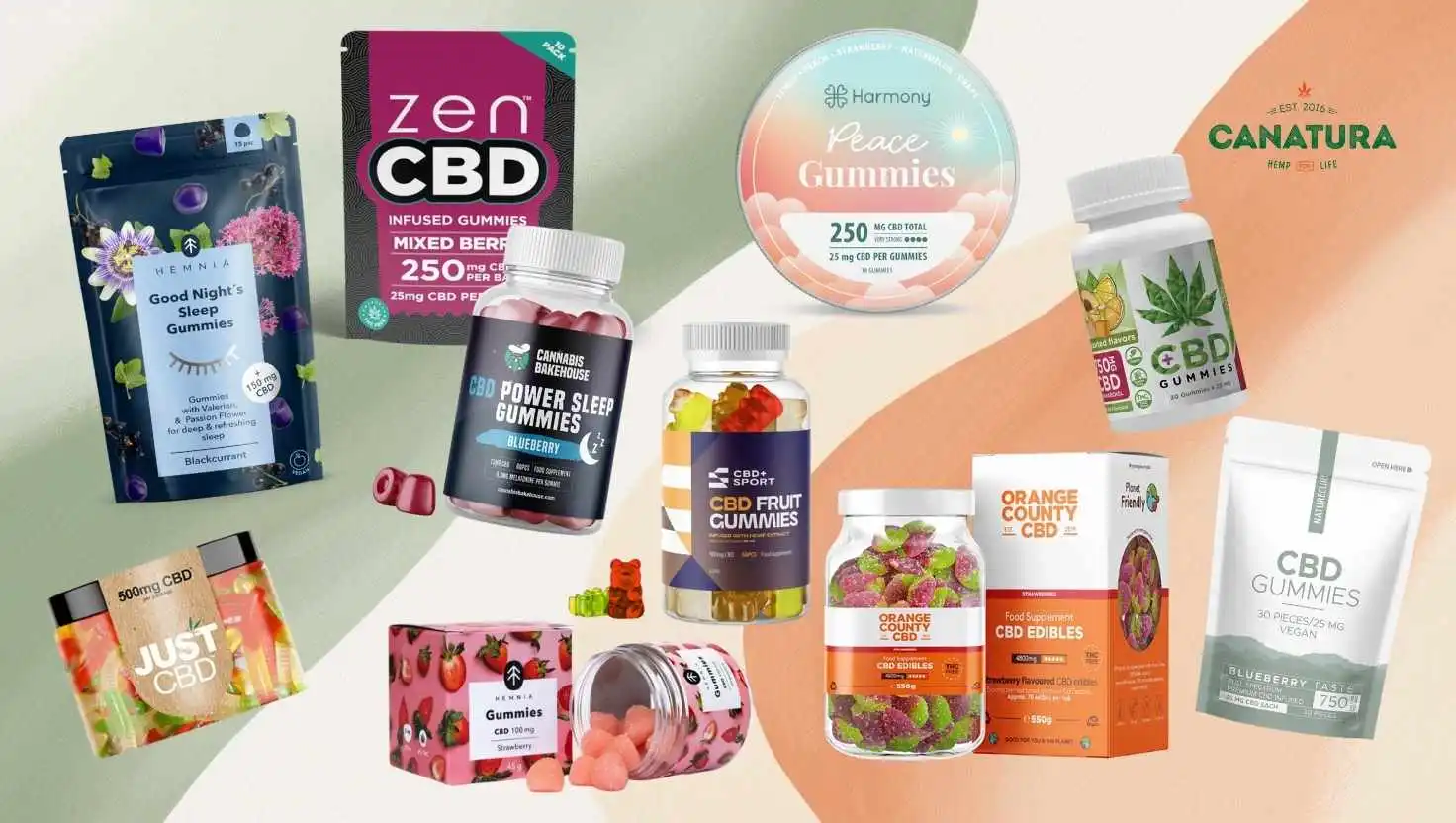 Overview of the 10 best CBD gummies – selection of brands such as Hemnia, JustCBD, Orange County, Zen CBD, Harmony, Euphoria, Nature Cure, Cannabis Bakehouse, and CBD+ Sport, Canatura logo in the top left corner