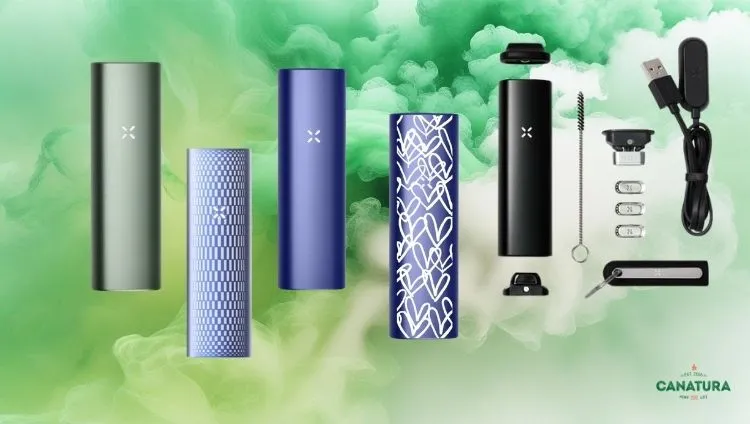 The best affordable PAX Plus herb vaporizer in various colors, with the Canatura logo in the bottom right corner