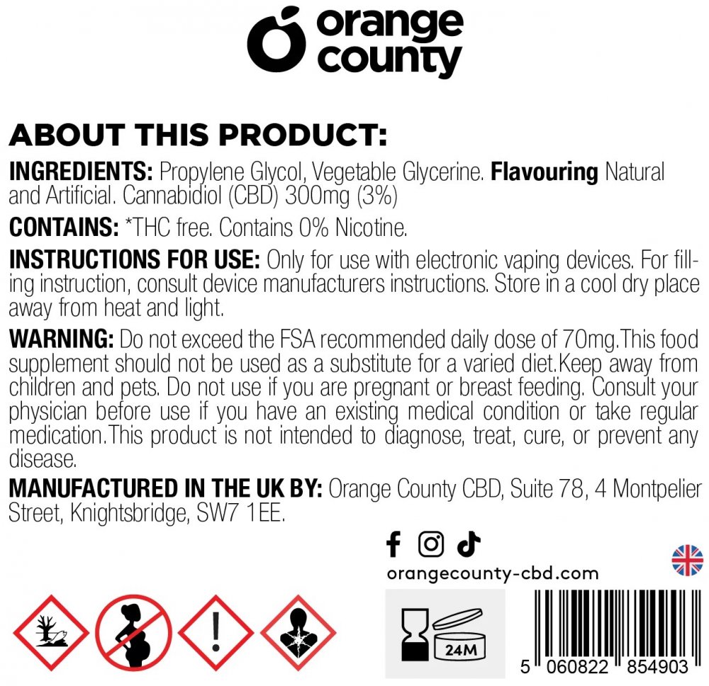 Orange County CBD E-Liquid Sour Blue Raspberry, CBD 300 mg, 10 ml