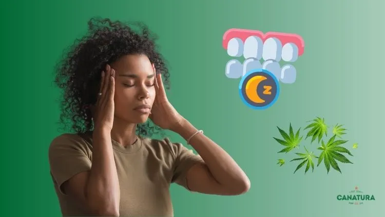 Jaw tension and headaches caused by bruxism – an illustration of how stress and sleep affect nighttime teeth grinding; cannabis leaves; Canatura logo at the bottom right